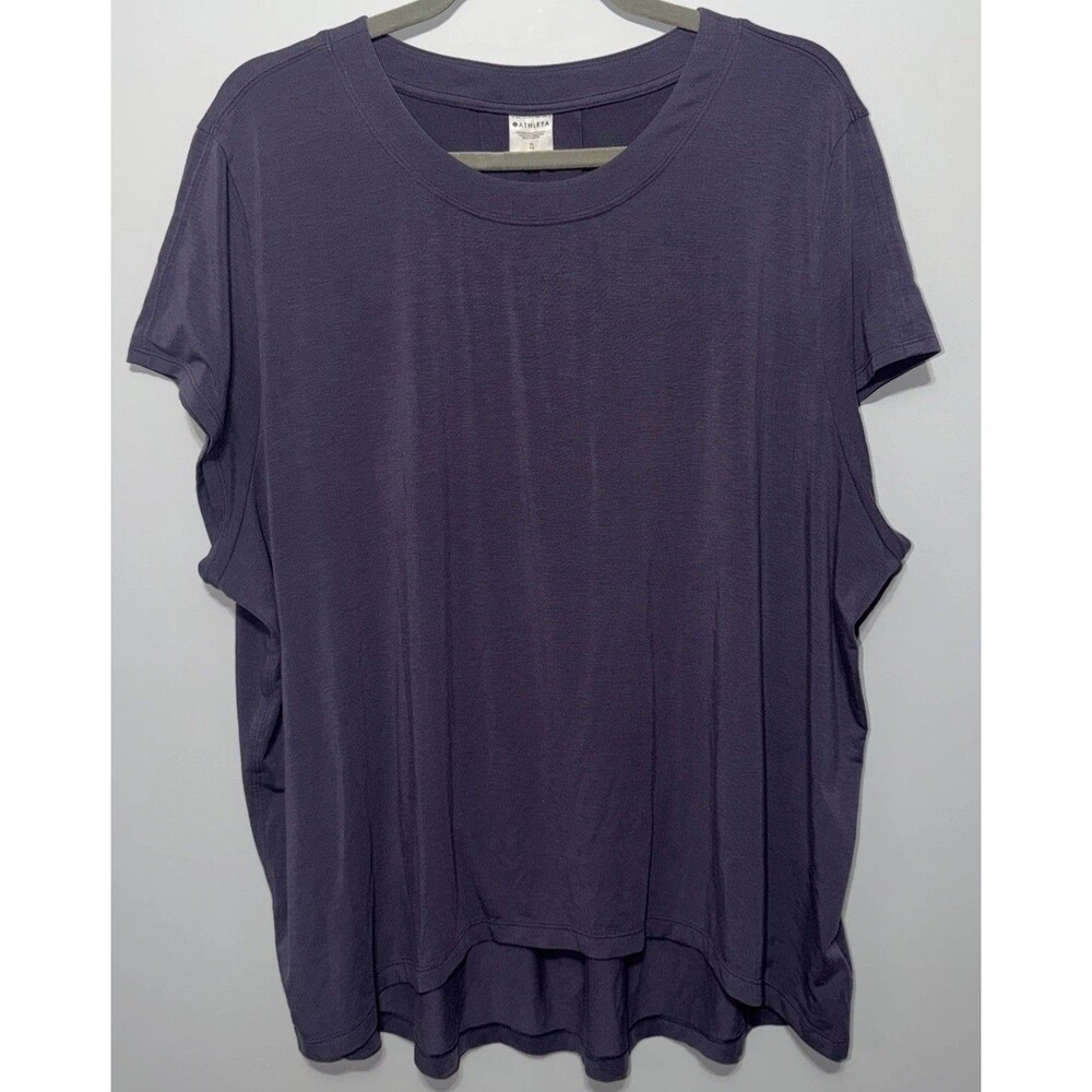 Athleta With Ease Tee LARGE Purple Wicking Yoga Top Soft Breathable Hi Low